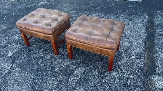 Frisman Vintage A Pair Of Classic Upholstered Stools In Brown Leather Ca' 1970's