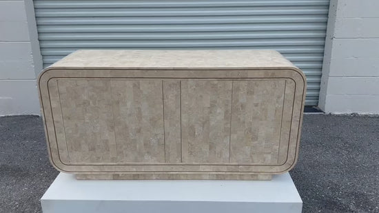 Frisman Vintage Maitland Smith Tessellated Stone Rounded Credenza with Brass Detailing Ca' 1980'