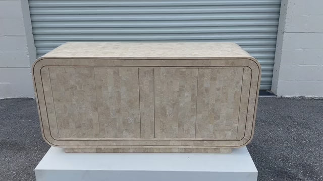 Frisman Vintage Maitland Smith Tessellated Stone Rounded Credenza with Brass Detailing Ca' 1980'