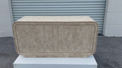 Frisman Vintage Maitland Smith Tessellated Stone Rounded Credenza with Brass Detailing Ca' 1980'